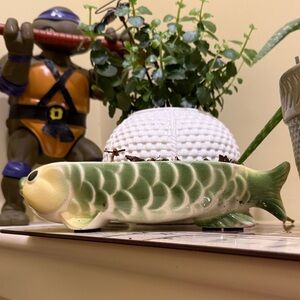 Green and White Fish-Shaped Ceramic Planter